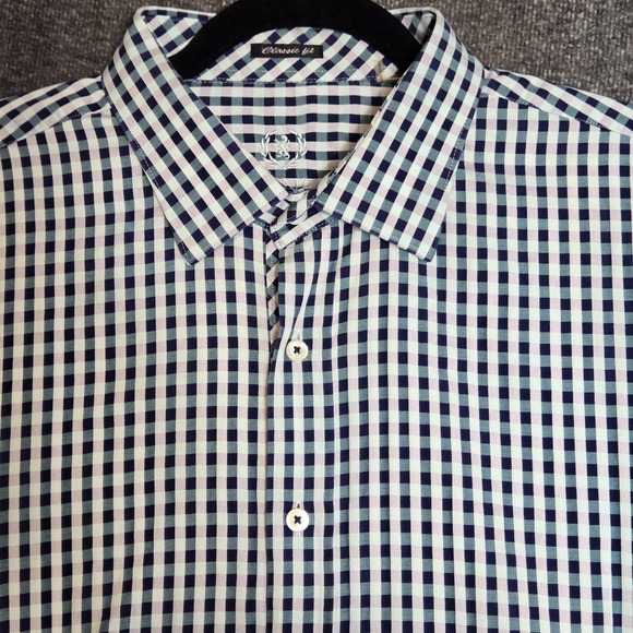 Bugatchi Uomo Men's Button Shirt Size 2XL Tall Teal / Blue Gingham Plaid Classic - Picture 1 of 11